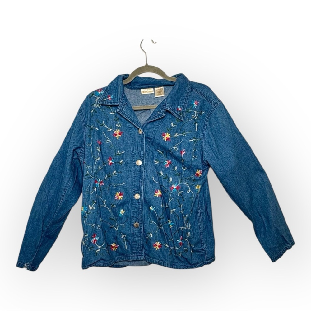 Bobbie Brooks Floral Embroidered Denim Chambray Jacket Button Front Large